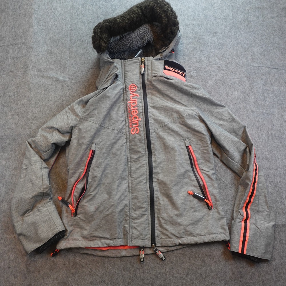 Superdry Jacket Womens Extra Large Gray Pink Sport Revolution Faux Fur Hood‎
